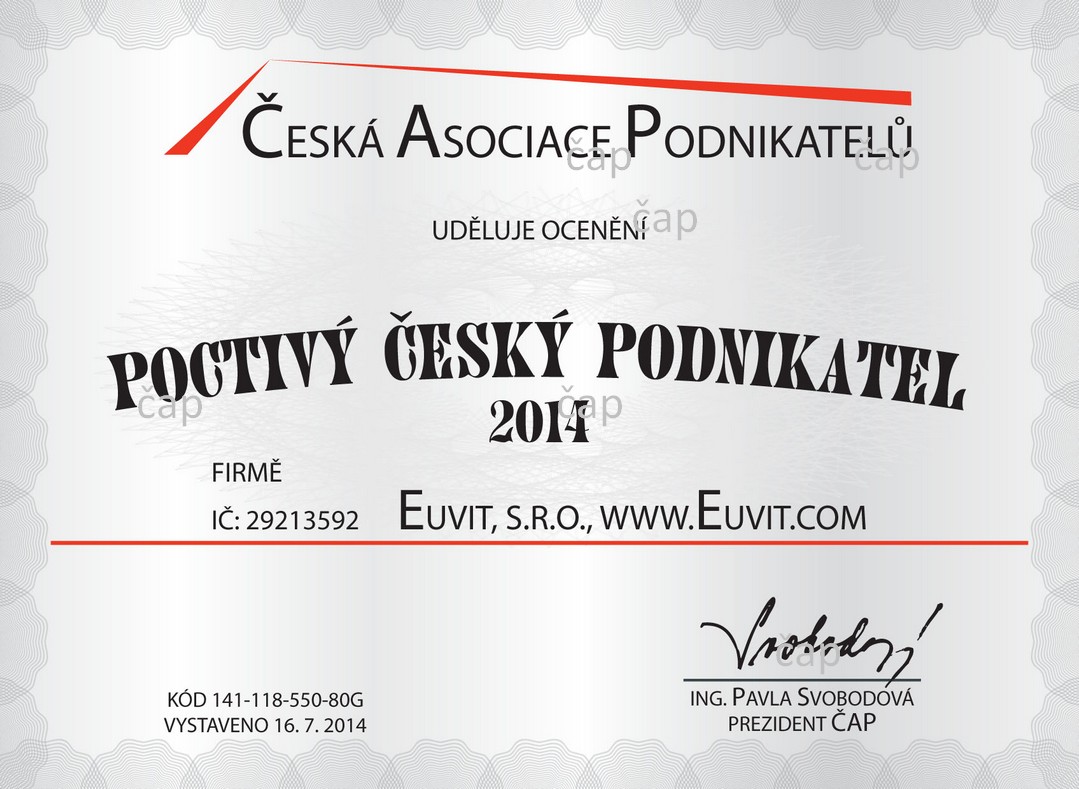 Ocenění Poctivý český podnikatel pro firmu Euvit